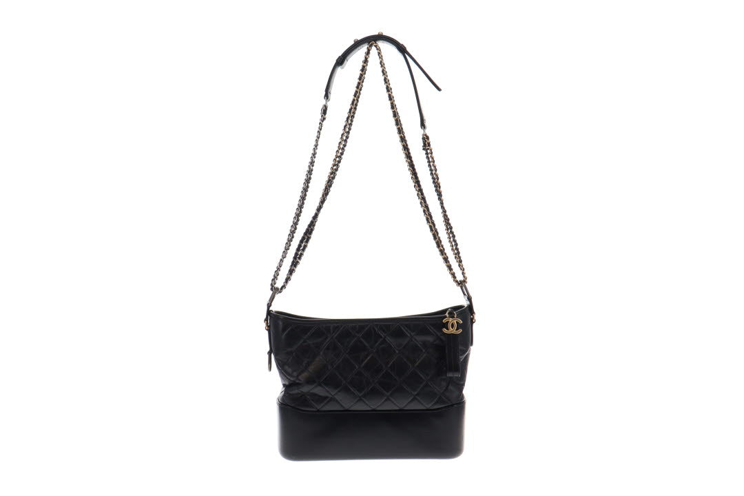 Chanel Gabrielle Hobo Bag Small Black/White in Calfskin with  Silver/Gold-Tone - US