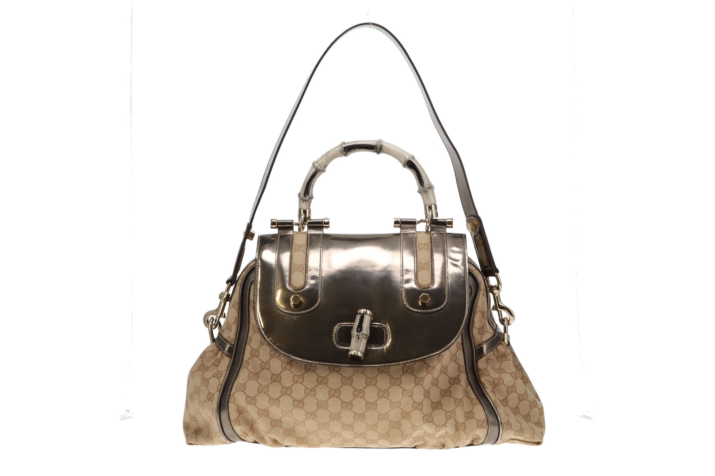 Gucci GG Canvas and Metallic Leather Pop Bamboo Handle Satchel