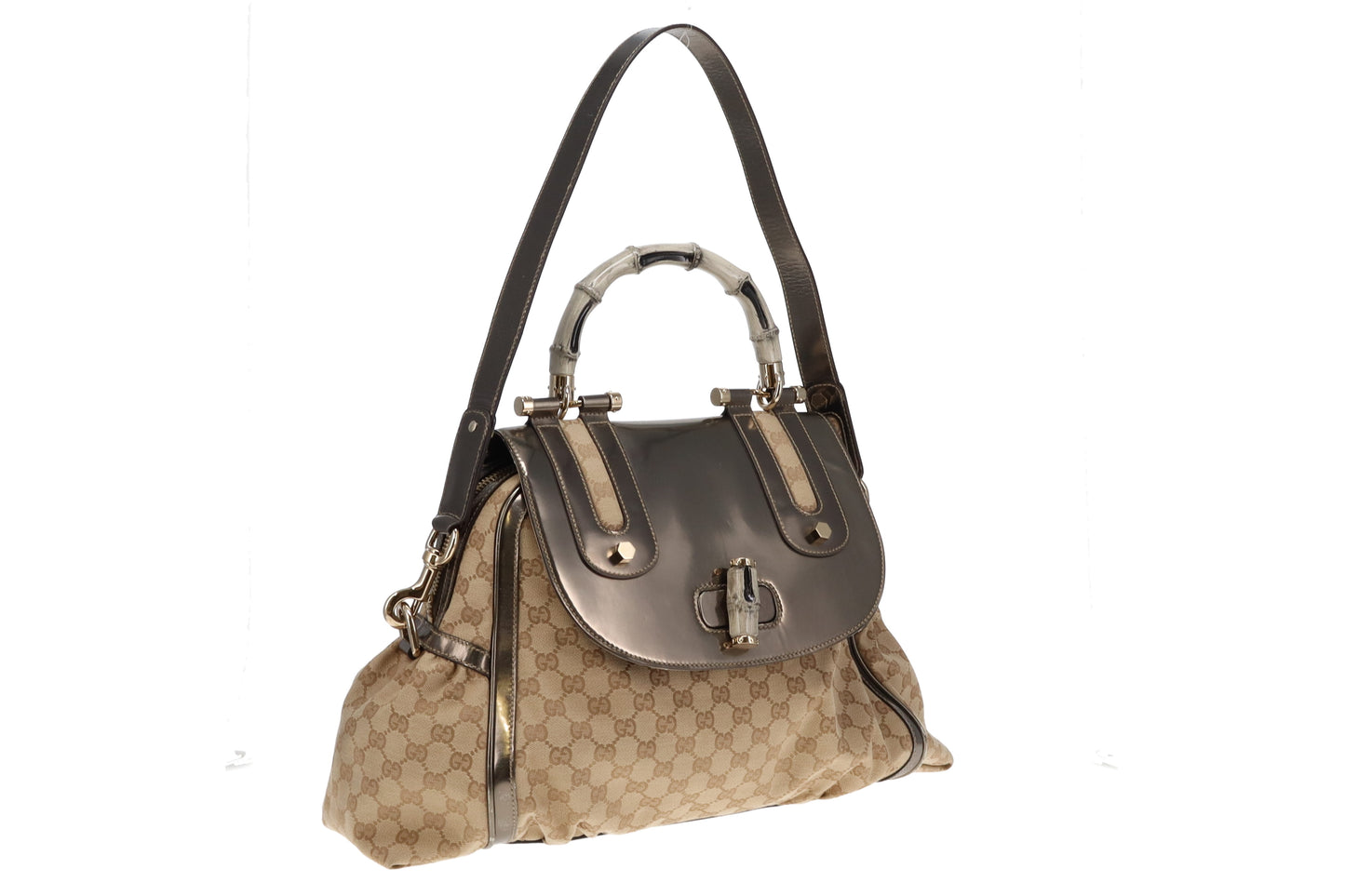 Gucci GG Canvas and Metallic Leather Pop Bamboo Handle Satchel