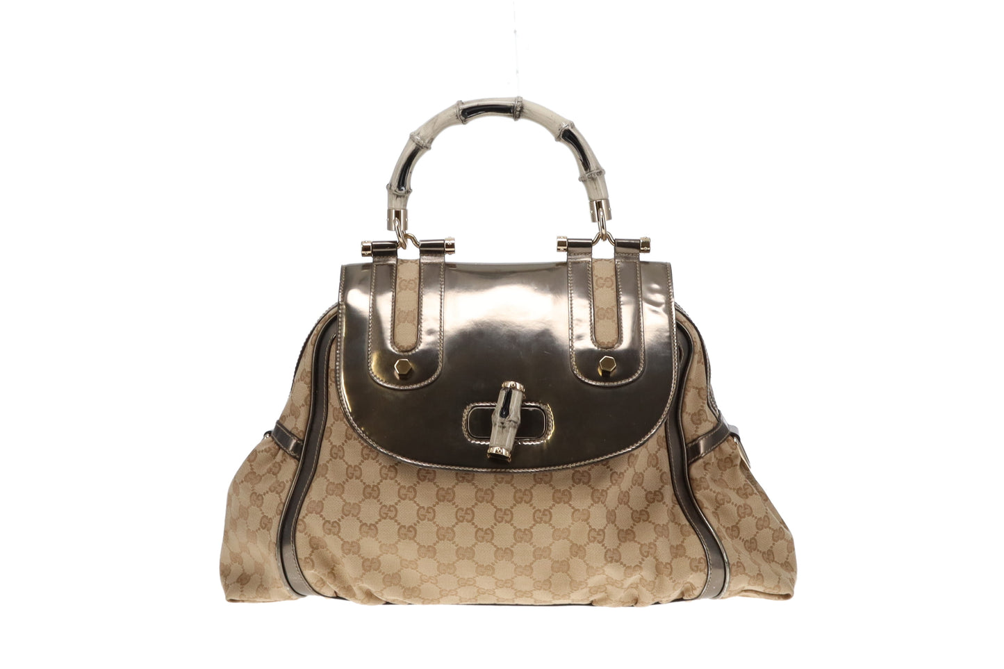 Gucci GG Canvas and Metallic Leather Pop Bamboo Handle Satchel