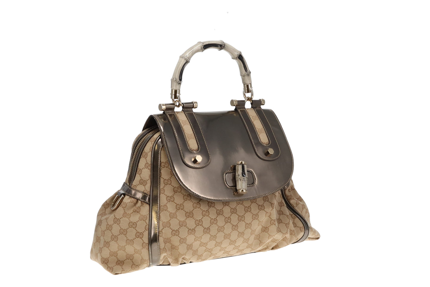 Gucci GG Canvas and Metallic Leather Pop Bamboo Handle Satchel