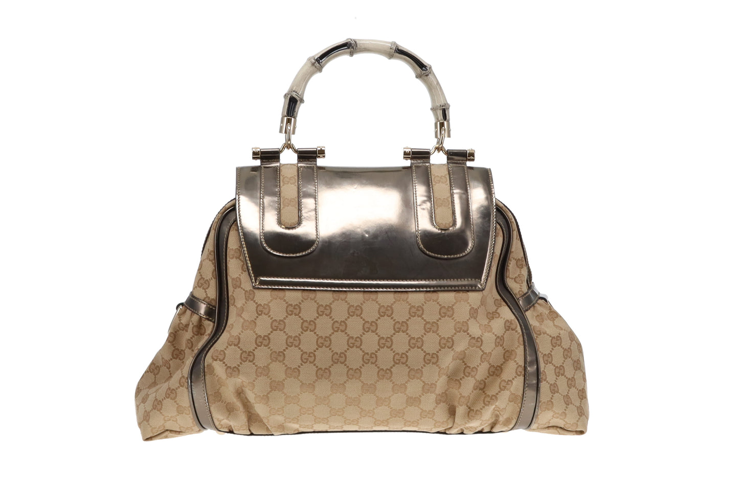 Gucci GG Canvas and Metallic Leather Pop Bamboo Handle Satchel