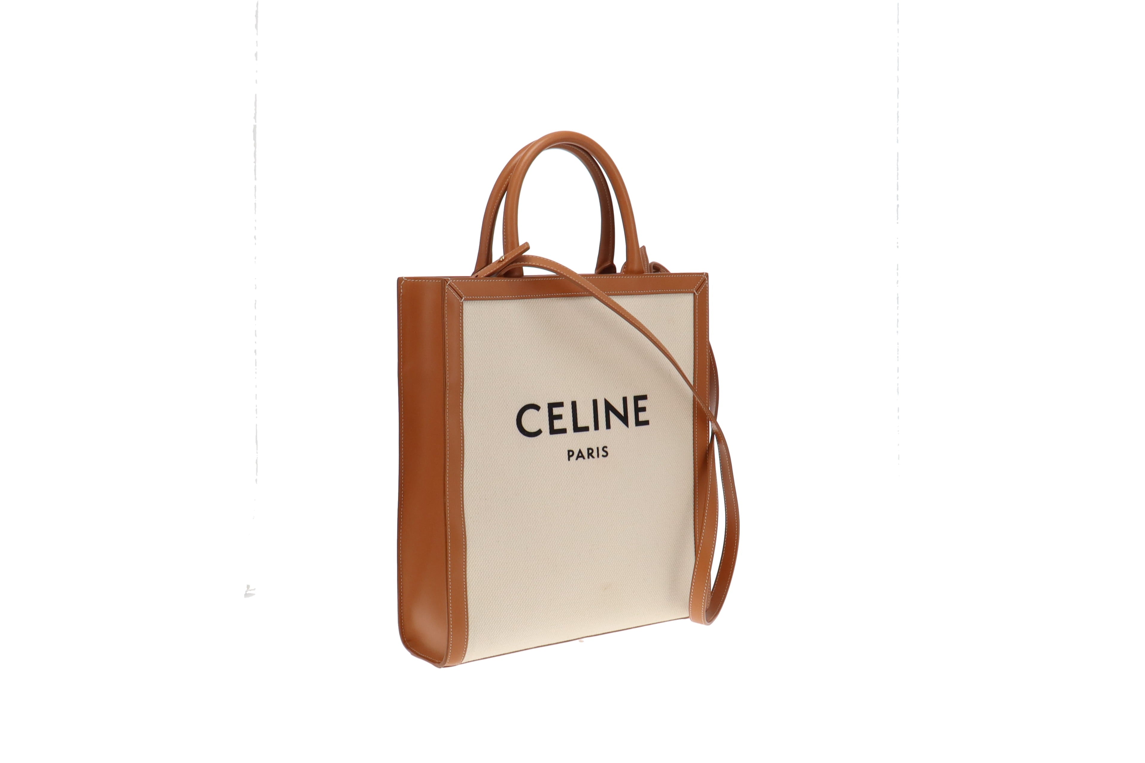 Celine Canvas and Tan Leather Vertical Cabas Tote With Strap