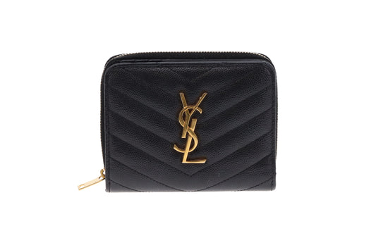 Saint Laurent Black Grain De Poudre Cassandre Compact Zip Around Wallet 2022