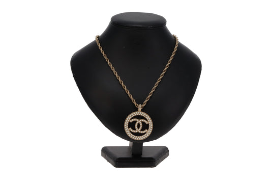 Chanel A17 Goldtone Metal Pearl Encrusted CC Pendant On Chain