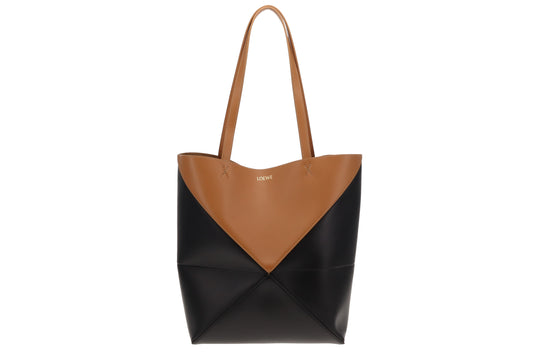 Puzzle Fold Tote In Shiny Calfskin Warm Desert/Black