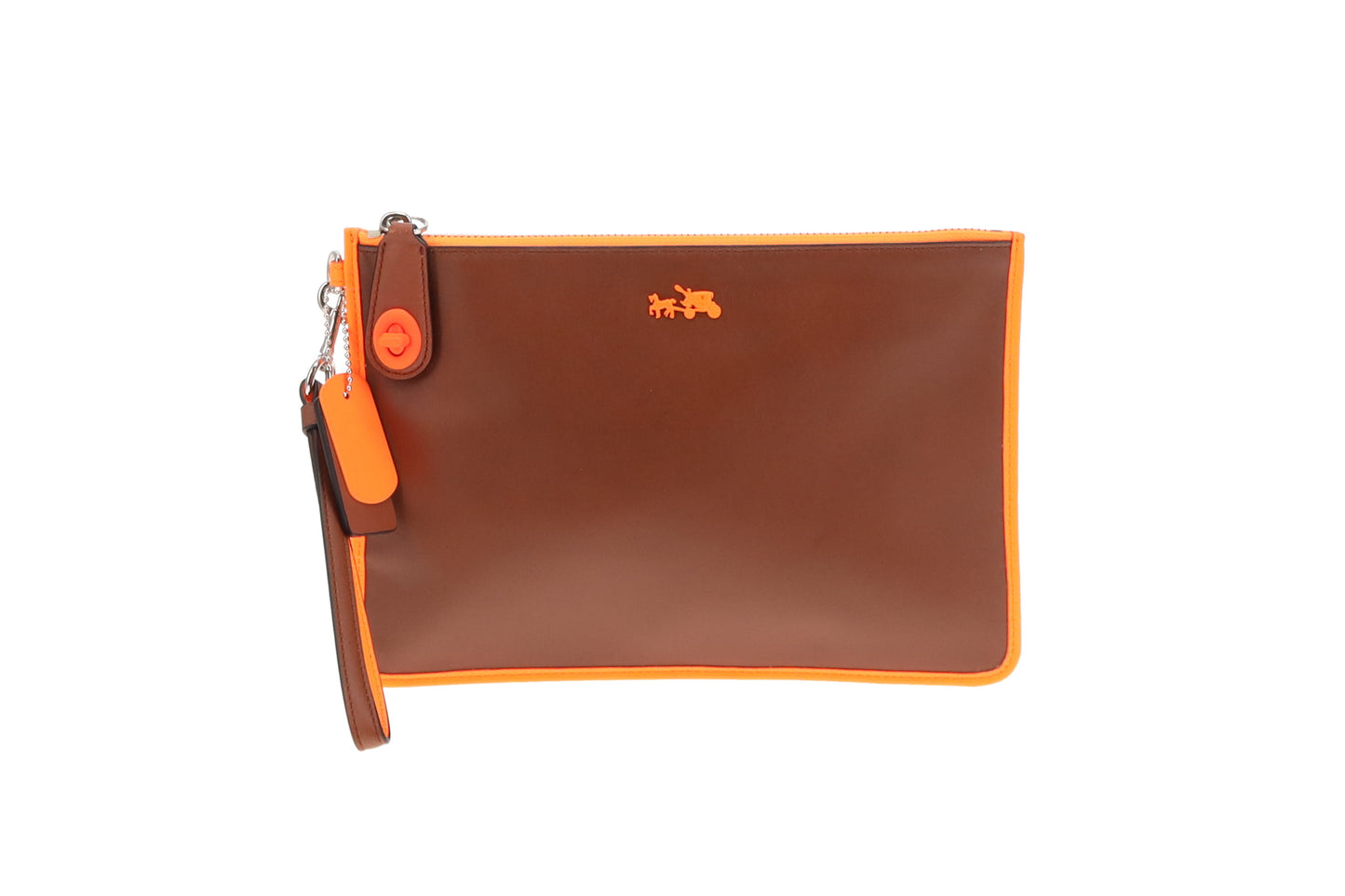 Coach Tan Leather Neon Orange Wristlet