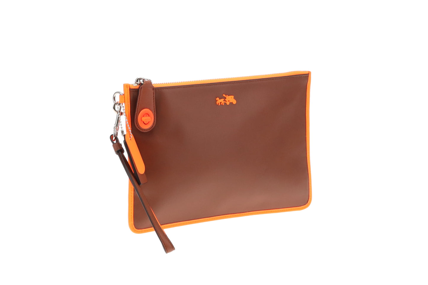 Coach Tan Leather Neon Orange Wristlet