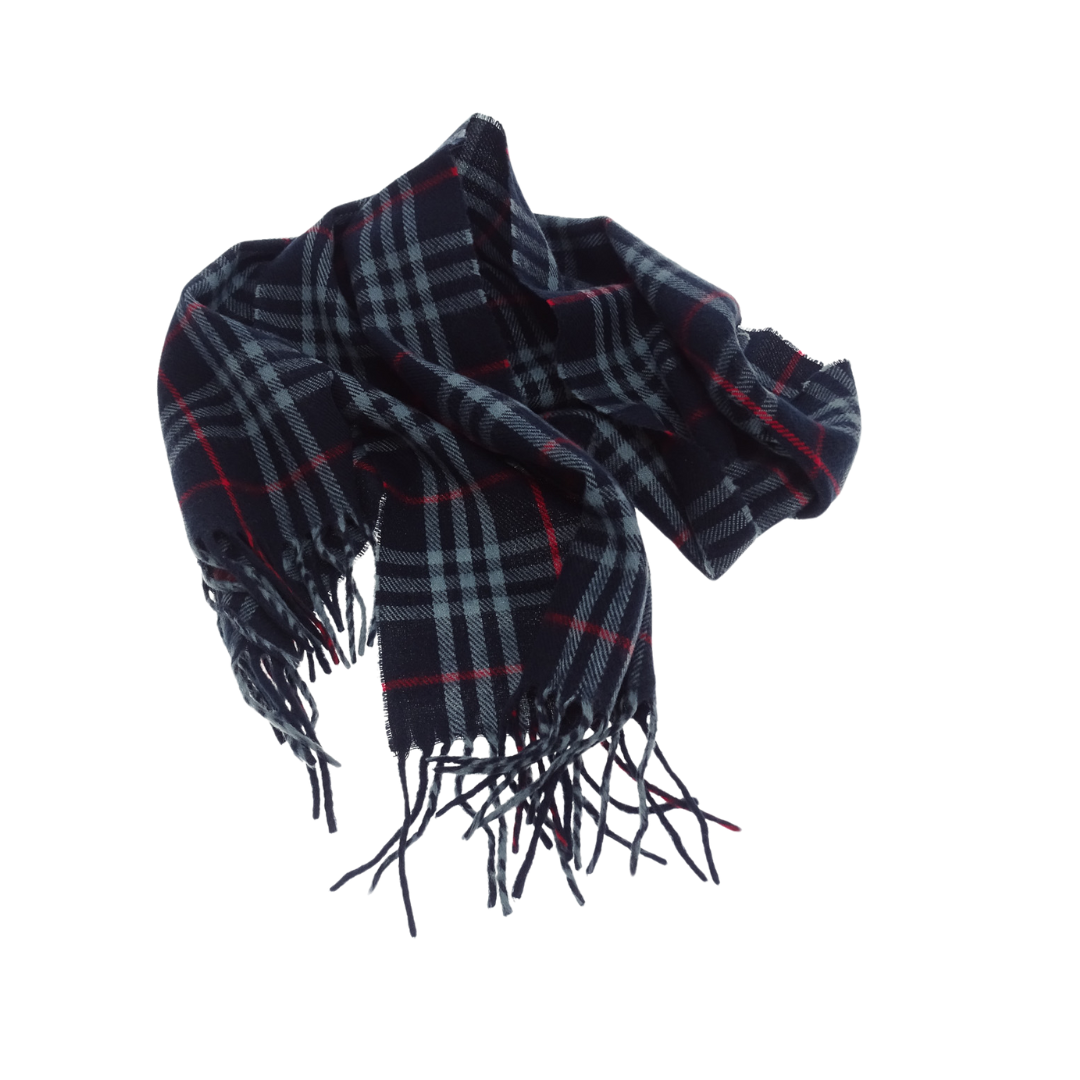 Burberry Navy and Red Check 100% Wool Vintage Scarf