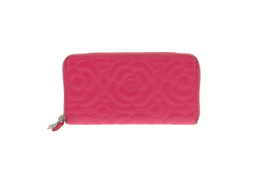 Chanel Camelia Embossed Quilt Pink Long Zip Wallet 24 Series