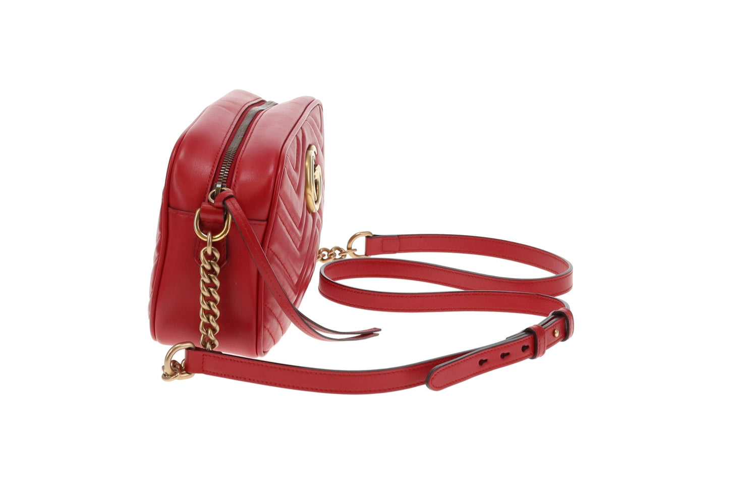 Gucci Red Chevron Leather Marmont Camera Bag Small