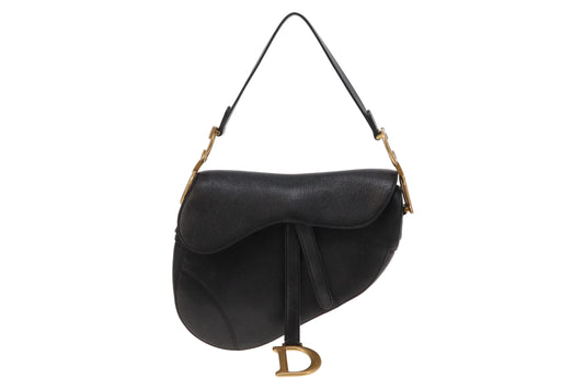 Dior Black Goatskin Leather Saddle Bag With Oblique Canvas Strap