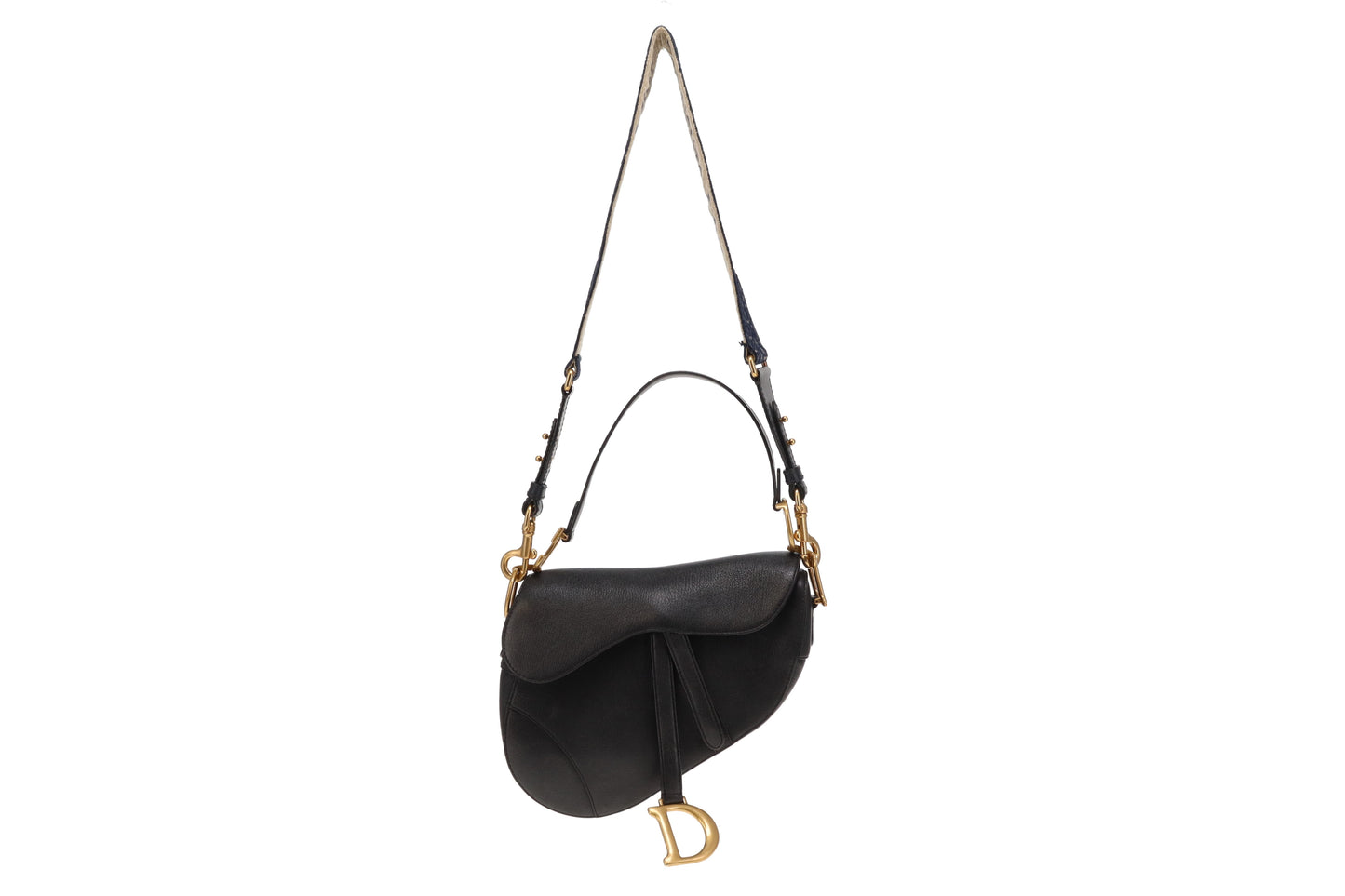 Dior Black Goatskin Leather Saddle Bag With Oblique Canvas Strap