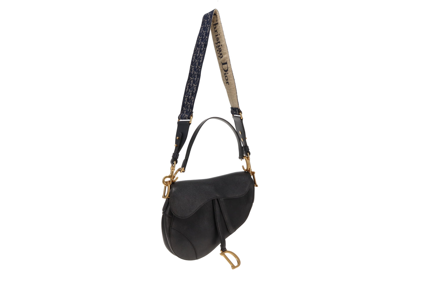 Dior Black Goatskin Leather Saddle Bag With Oblique Canvas Strap