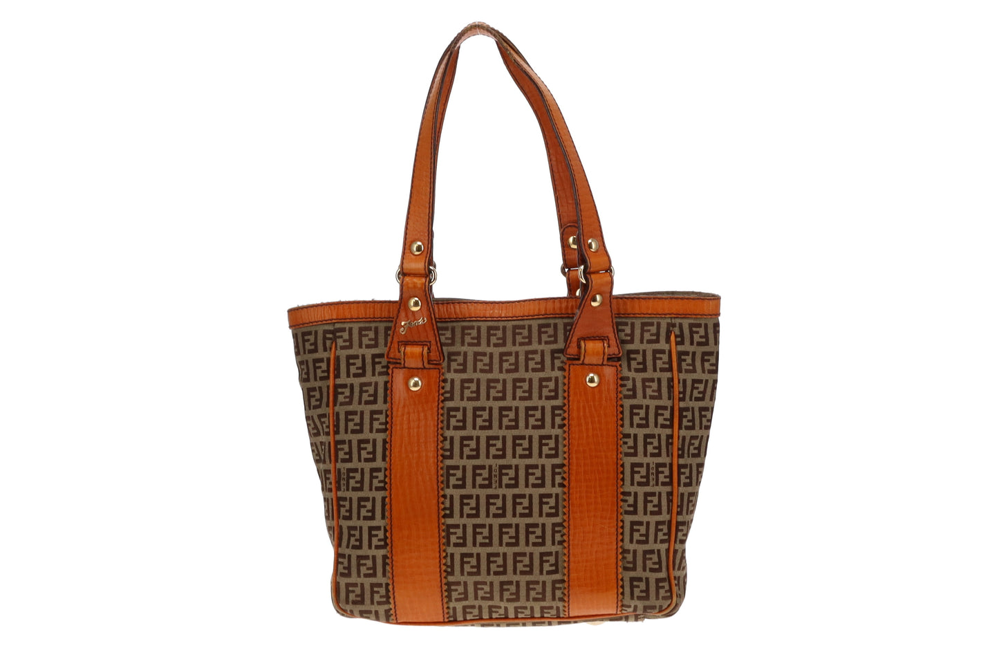 Fendi Zucchino and Orange Leather Trim Open Tote Bag