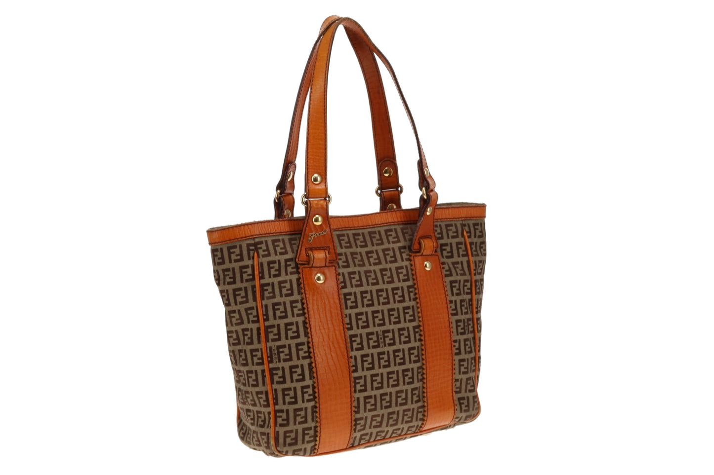 Fendi Zucchino and Orange Leather Trim Open Tote Bag