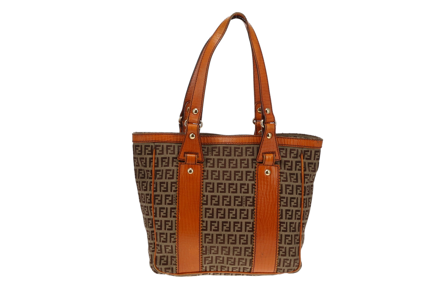 Fendi Zucchino and Orange Leather Trim Open Tote Bag