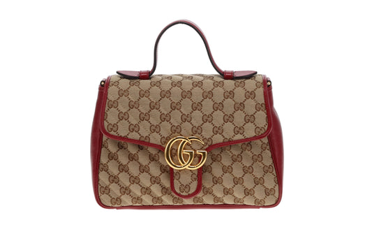 Gucci GG Canvas and Red Leather Trim Small Marmont Top Handle Bag