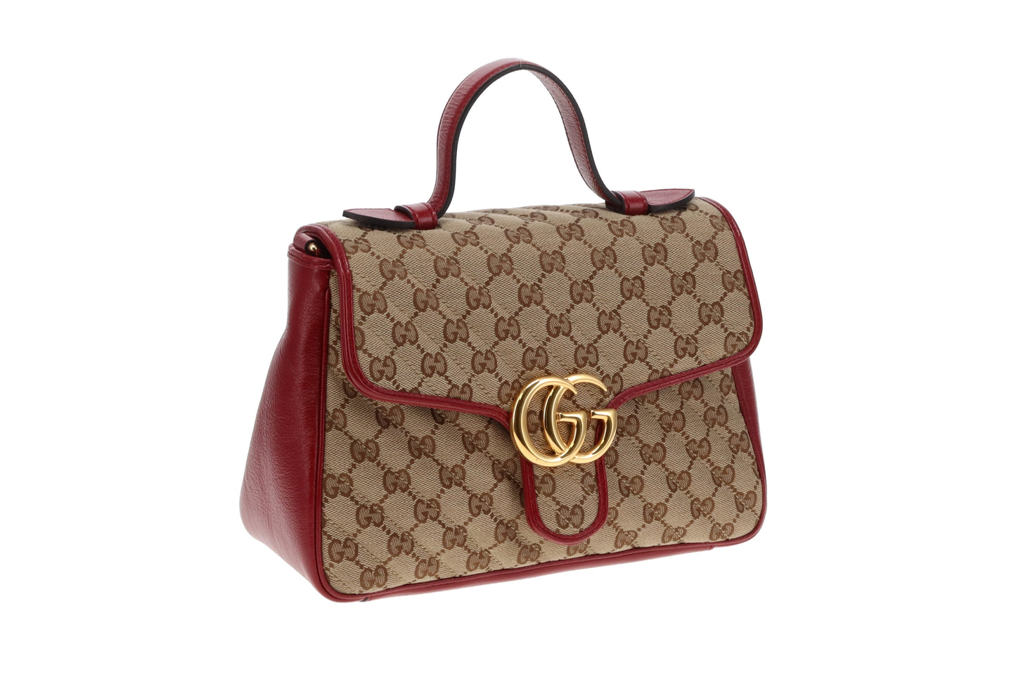 Gucci GG Canvas and Red Leather Trim Small Marmont Top Handle Bag