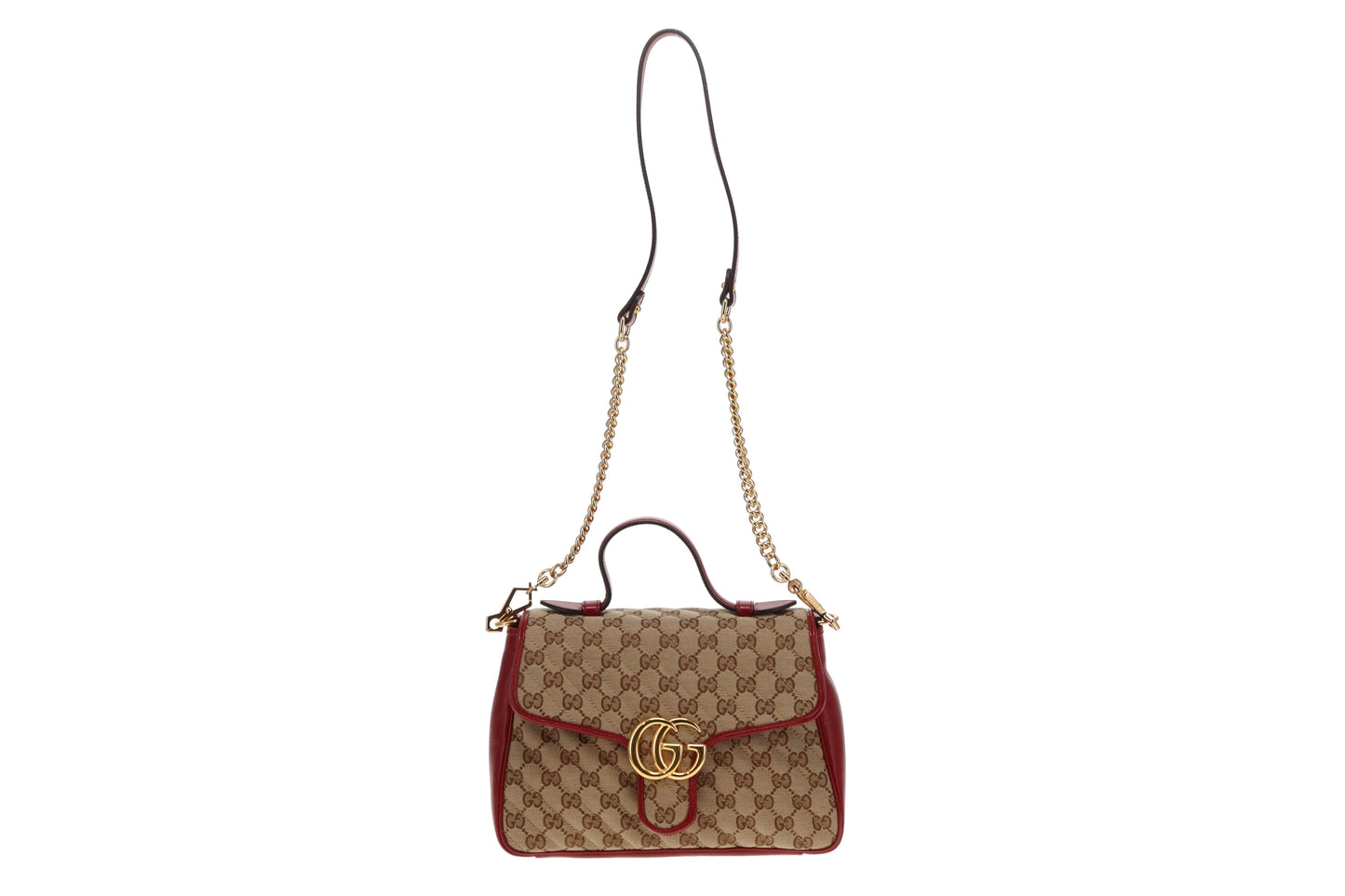 Gucci GG Canvas and Red Leather Trim Small Marmont Top Handle Bag