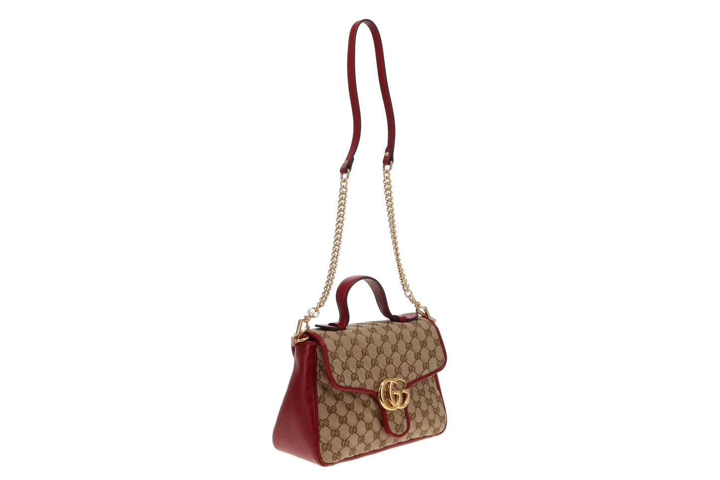 Gucci GG Canvas and Red Leather Trim Small Marmont Top Handle Bag