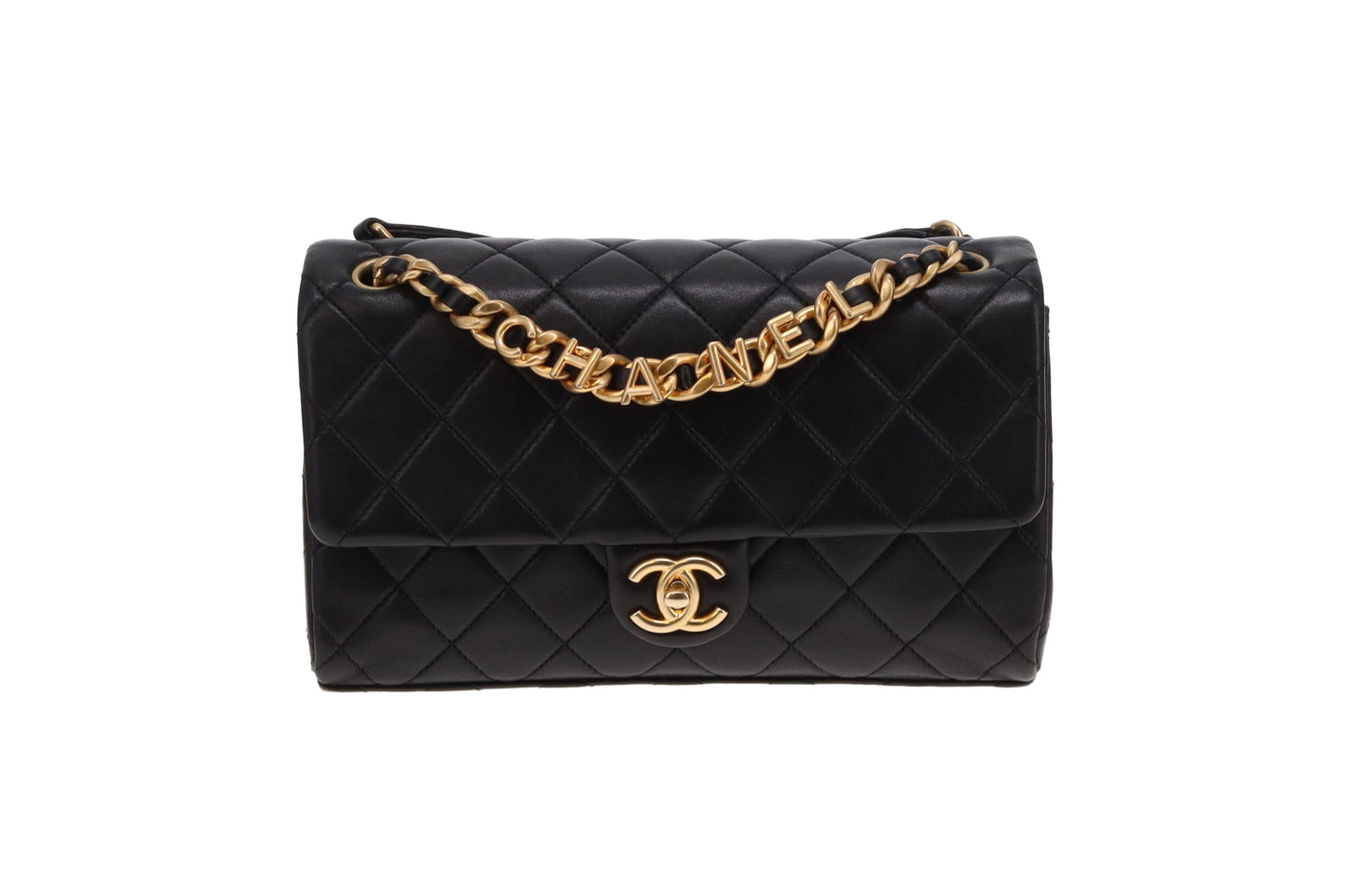 Chanel Black Leather Aged Gold HW Logo Chain Flap Bag 23P