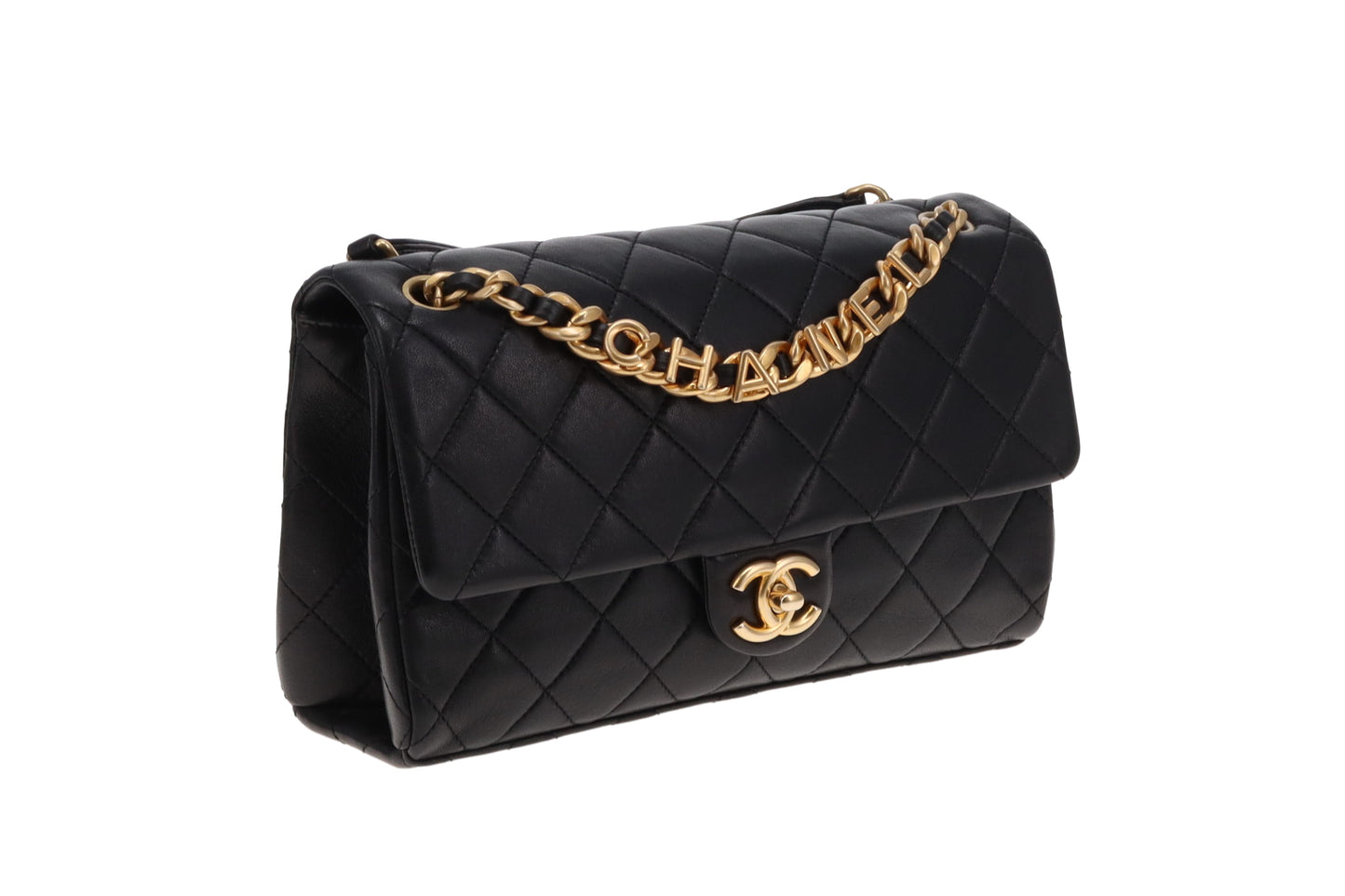 Chanel Black Leather Aged Gold HW Logo Chain Flap Bag 23P