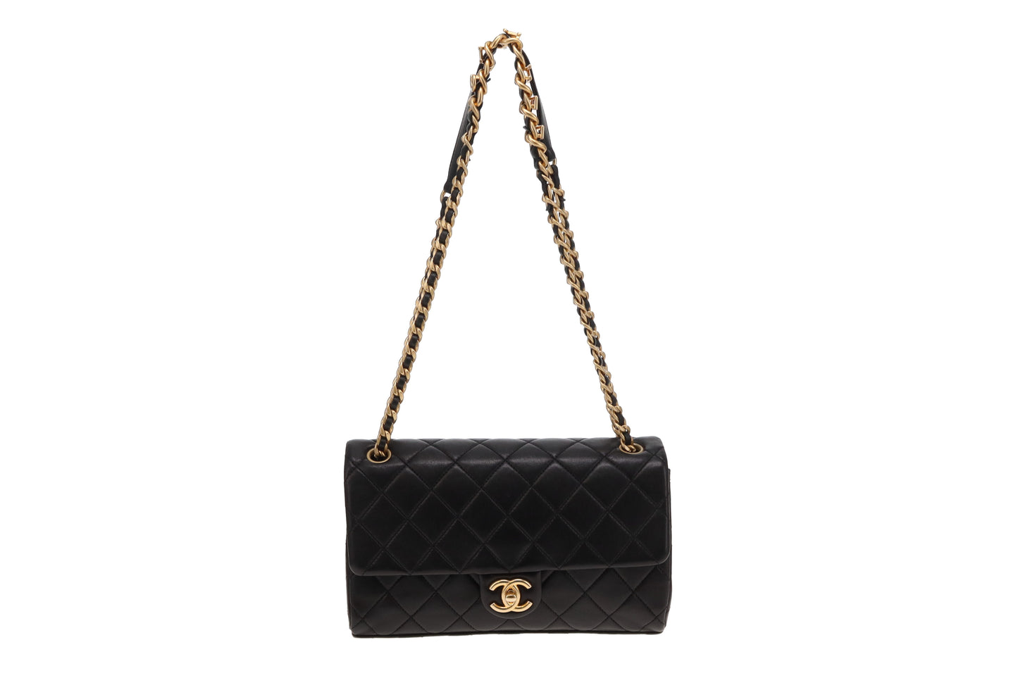 Chanel Black Leather Aged Gold HW Logo Chain Flap Bag 23P