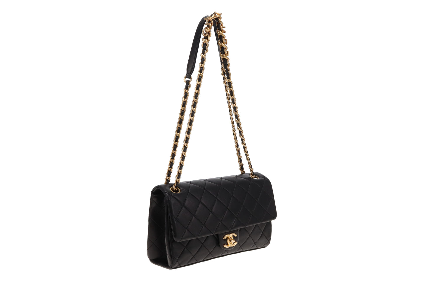 Chanel Black Leather Aged Gold HW Logo Chain Flap Bag 23P