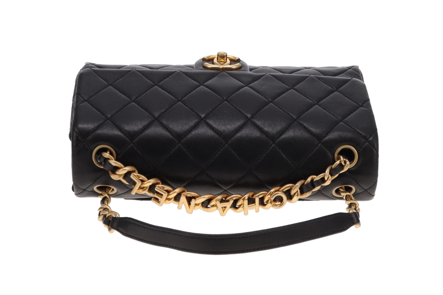 Chanel Black Leather Aged Gold HW Logo Chain Flap Bag 23P