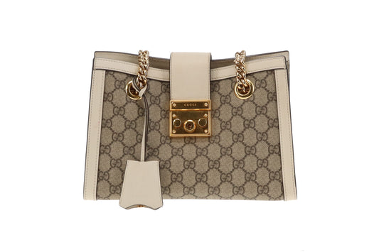 Gucci GG Supreme and White Leather Trim Small Padlock Tote Bag