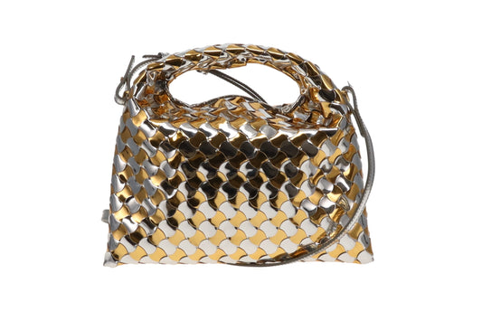 Bottega Veneta Gold and Silver Intrecciato-Woven Patent Leather Mini Hop Bag