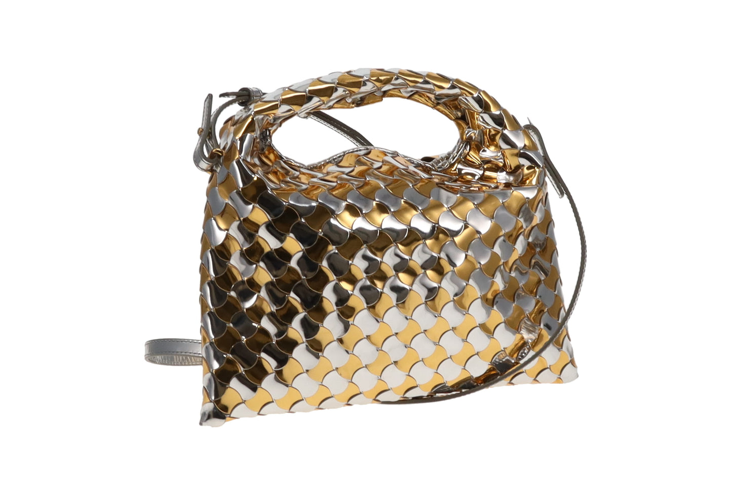 Bottega Veneta Gold and Silver Intrecciato-Woven Patent Leather Mini Hop Bag