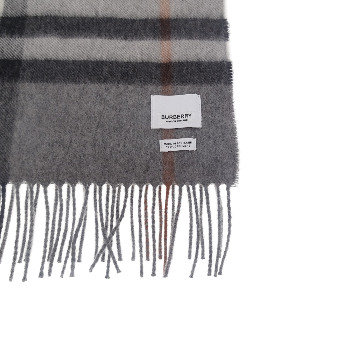 Burberry 100% Cashmere Grey Heritage Logo Scarf