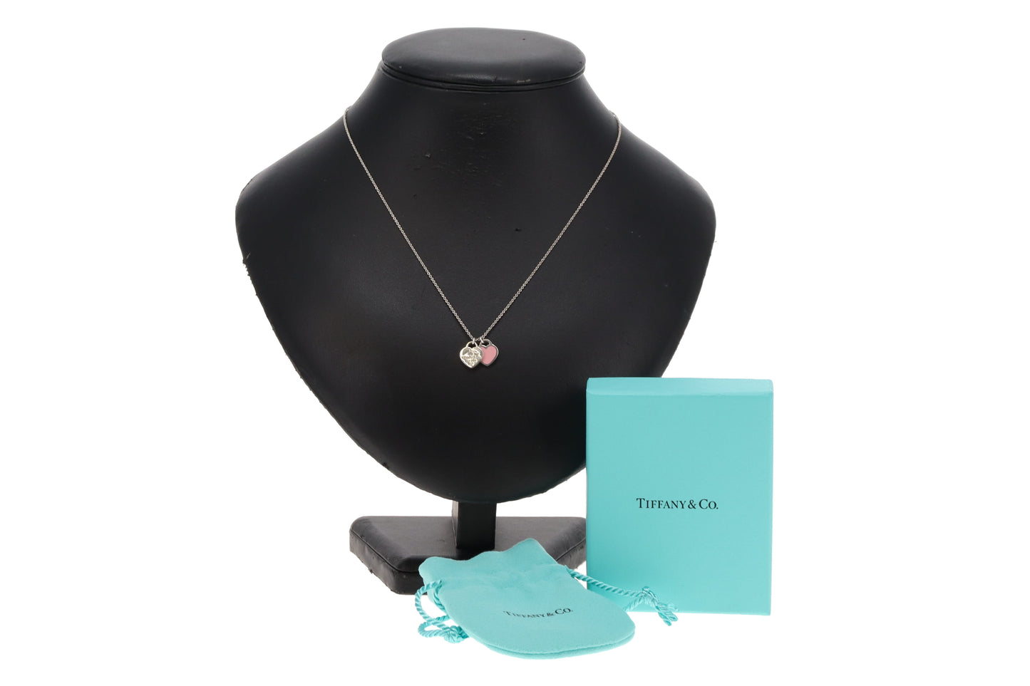 Tiffany & Co Sterling Silver & Pink Enamel with Diamond RTT Double Mini Heart Necklace