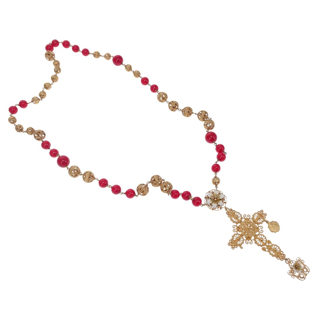 Dolce & Gabbana Sicily Cross Pendant Red Bead Necklace