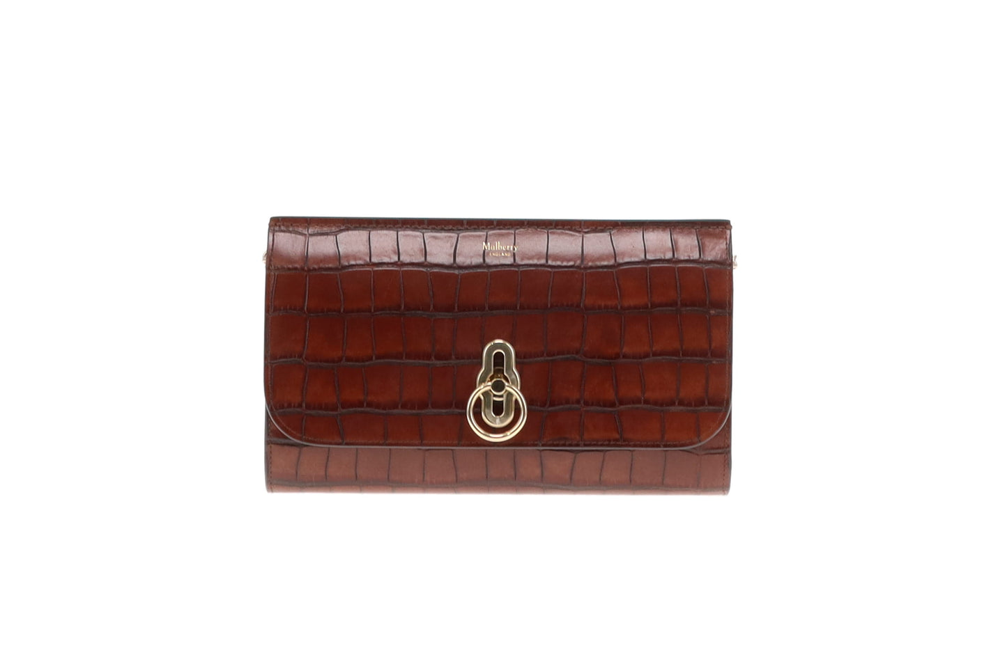 Mulberry Cognac Brown Croc Embossed Amberley Clutch on Chain