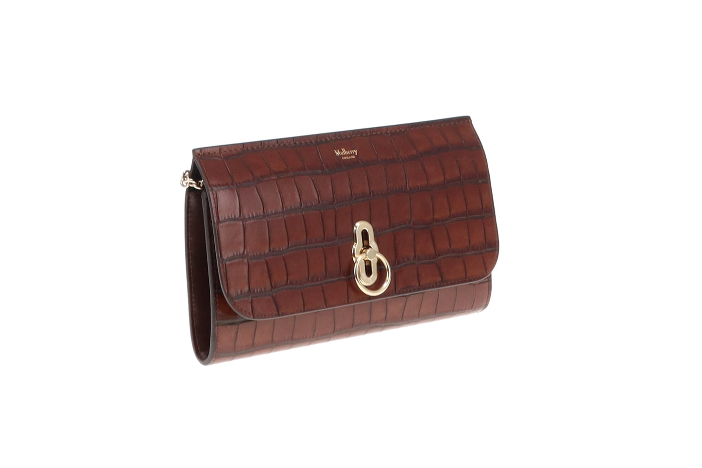 Mulberry Cognac Brown Croc Embossed Amberley Clutch on Chain