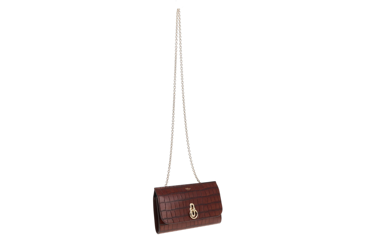 Mulberry Cognac Brown Croc Embossed Amberley Clutch on Chain