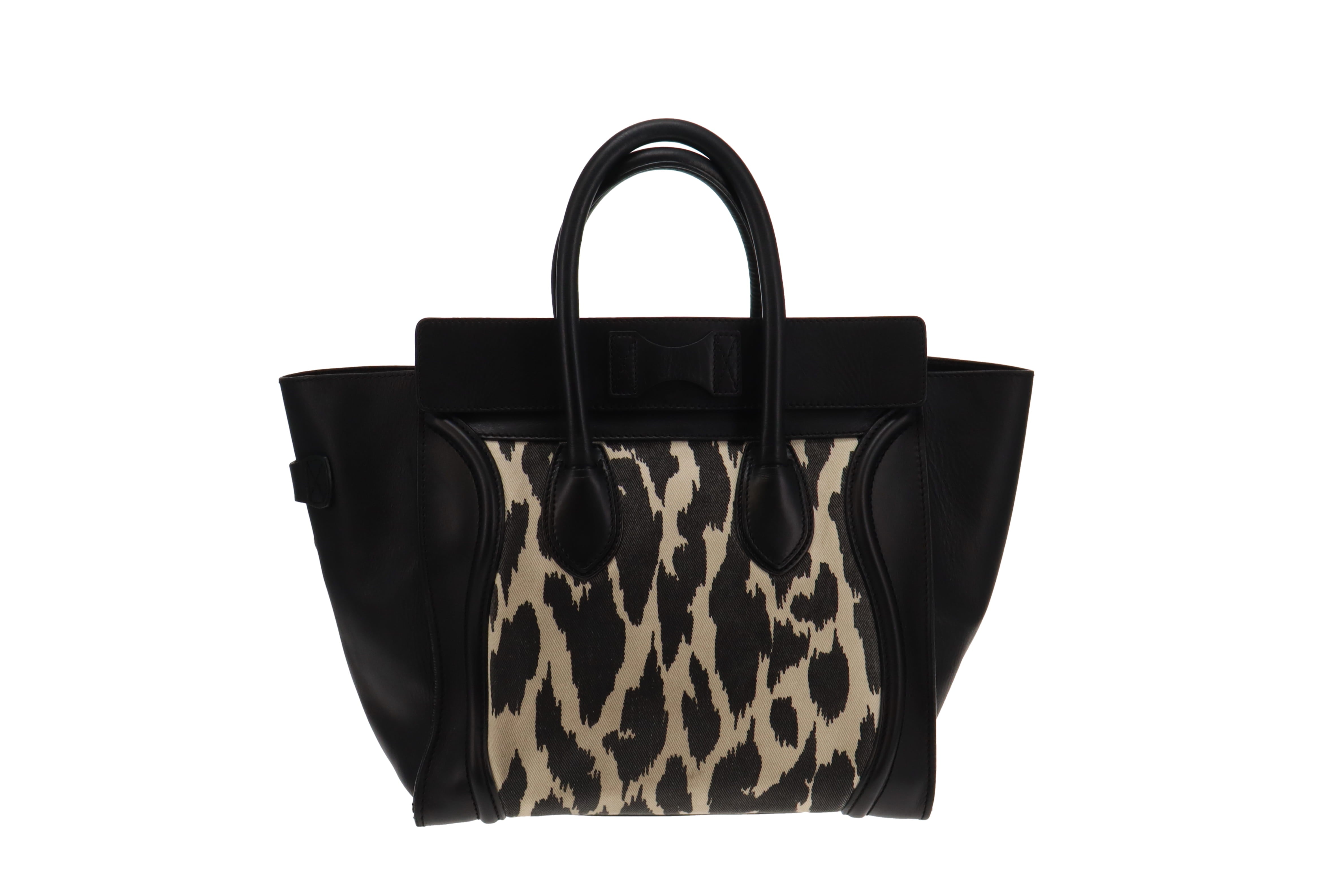 Celine Mini Luggage Tote Black Leather Animal Print Canvas Panel