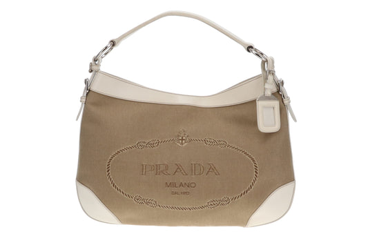 Prada White Leather Logo Jacquard Vintage Shoulder Bag