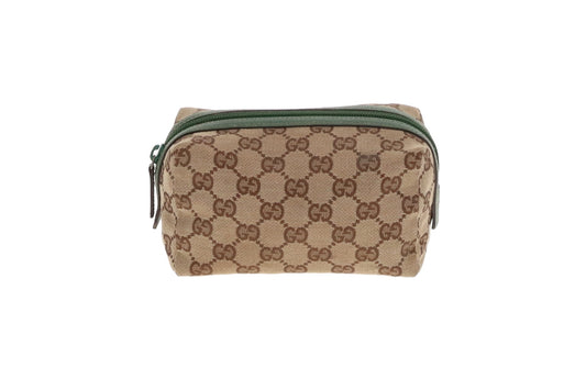 Gucci GG Canvas and Green Leather Mini Makeup Pouch