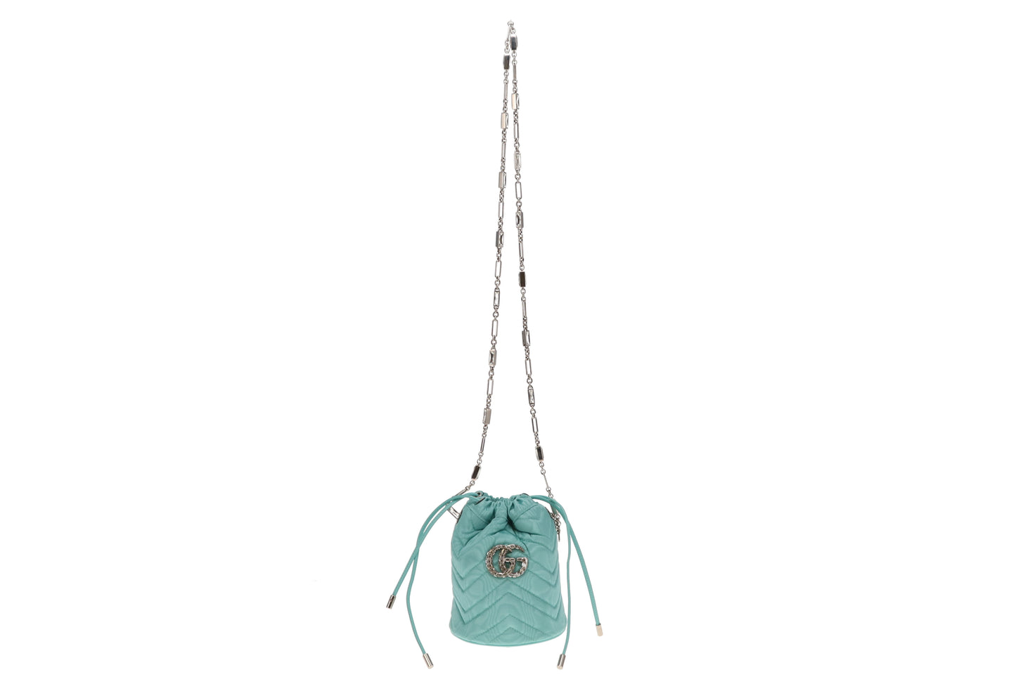 Gucci Tiffany Blue Moire Fabric and Crystal GG Marmont Bucket Bag