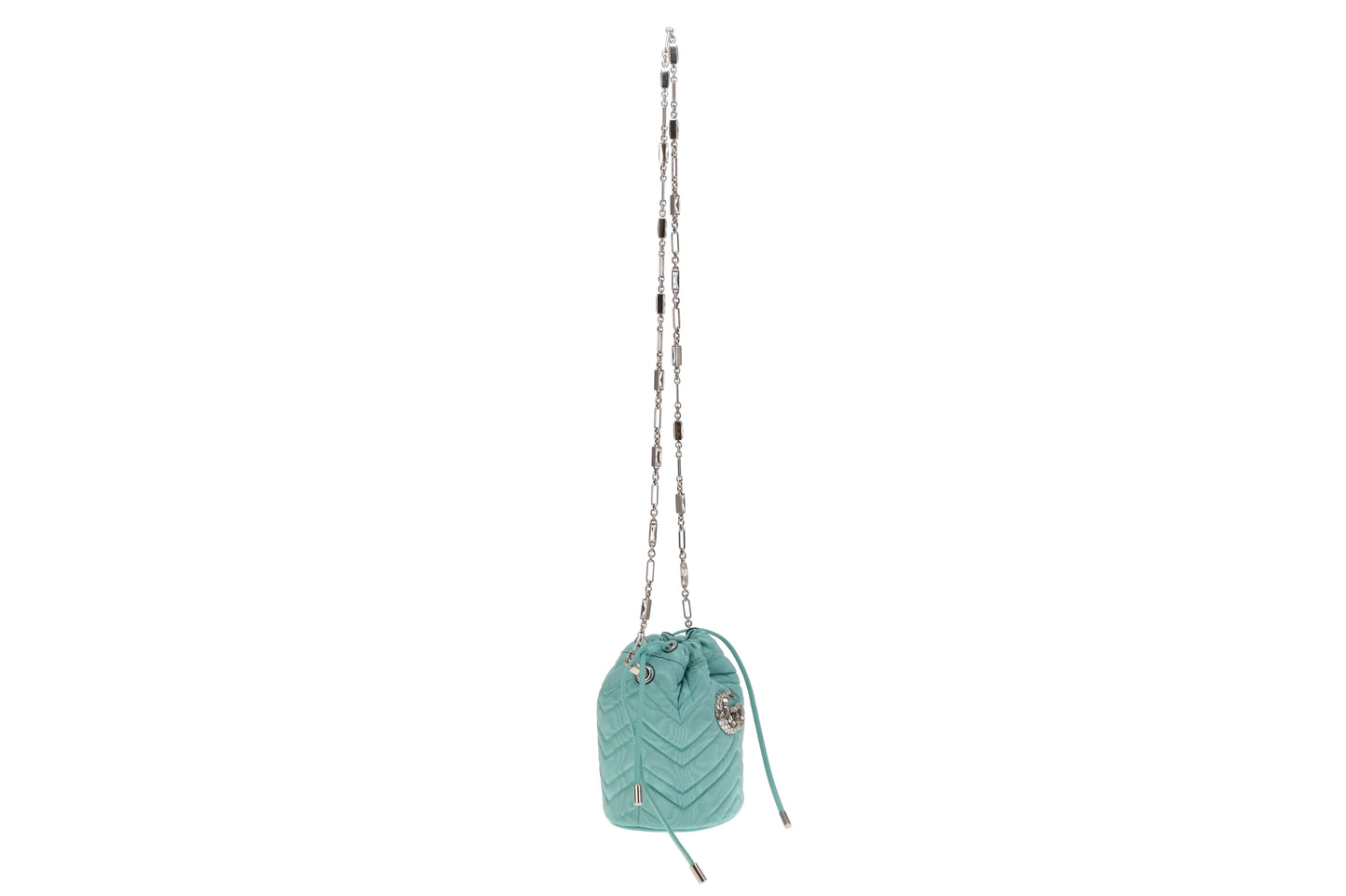 Gucci Tiffany Blue Moire Fabric and Crystal GG Marmont Bucket Bag