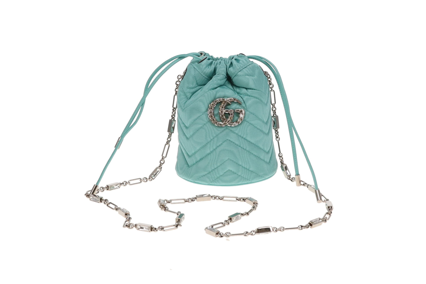 Gucci Tiffany Blue Moire Fabric and Crystal GG Marmont Bucket Bag