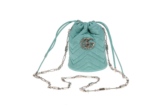 Gucci Tiffany Blue Moire Fabric and Crystal GG Marmont Bucket Bag