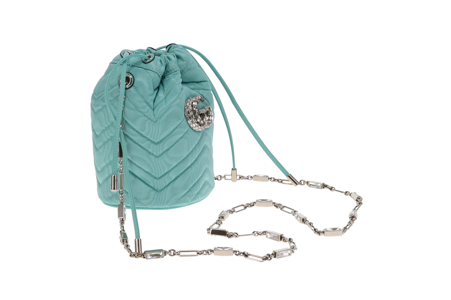 Gucci Tiffany Blue Moire Fabric and Crystal GG Marmont Bucket Bag