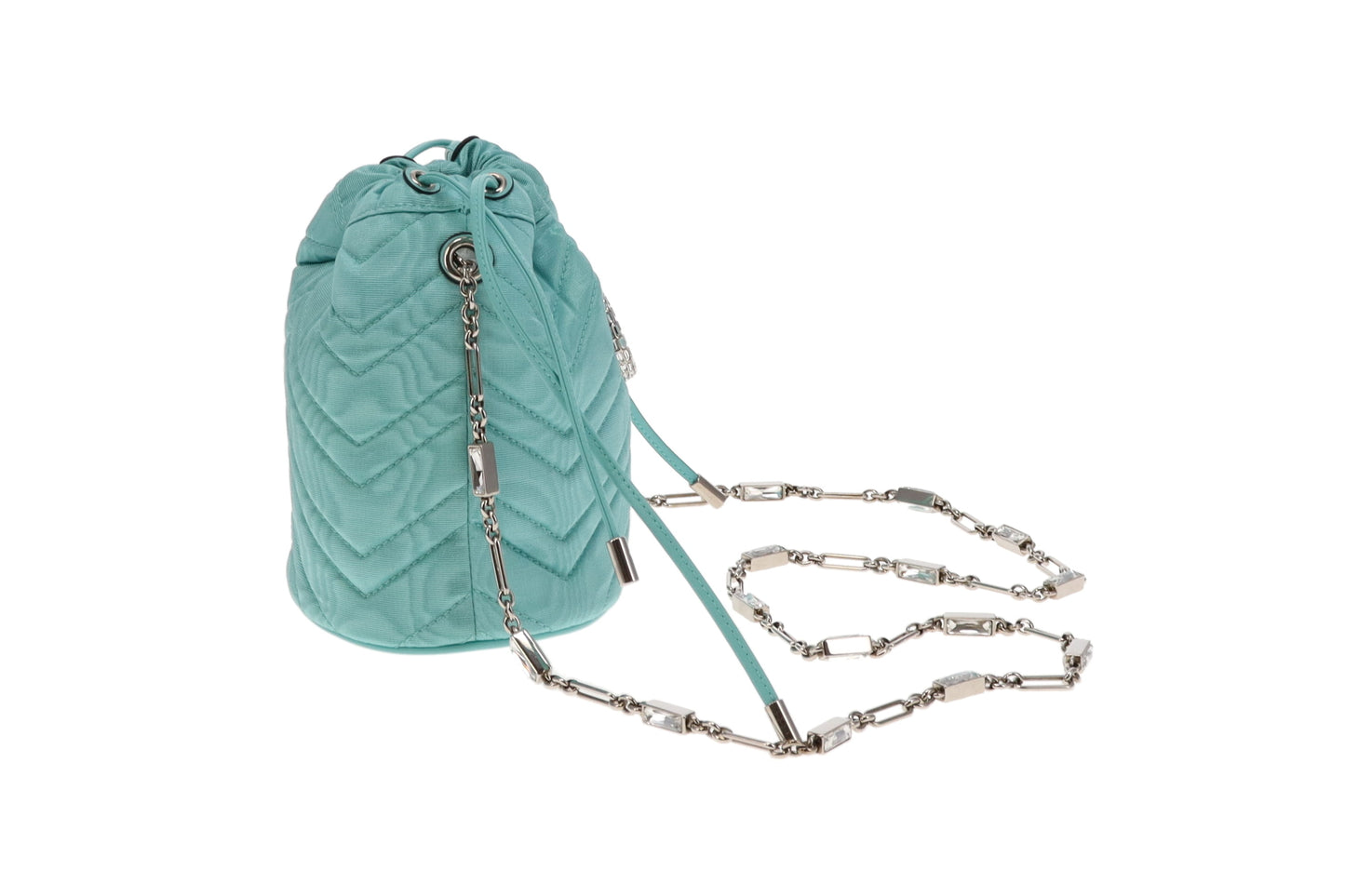 Gucci Tiffany Blue Moire Fabric and Crystal GG Marmont Bucket Bag