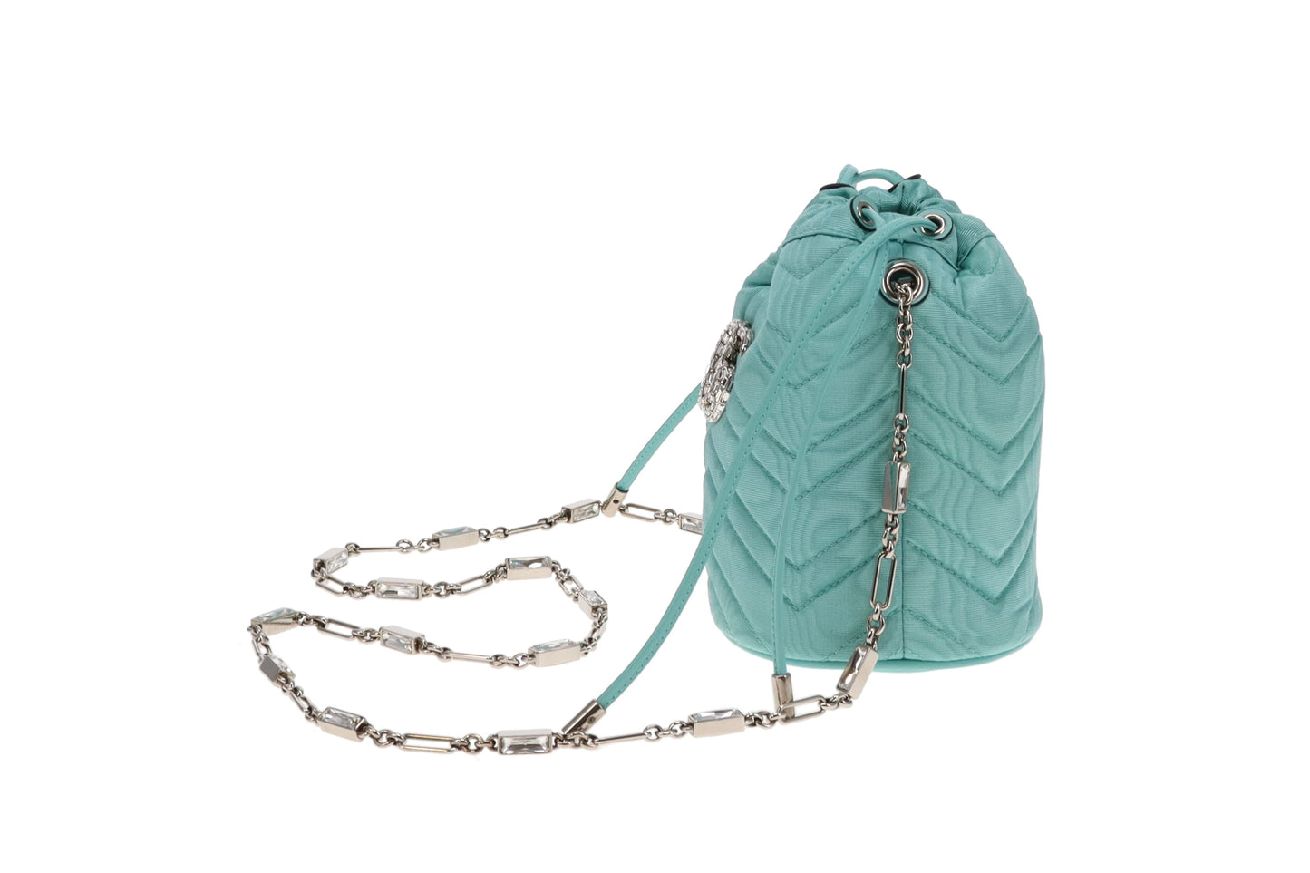 Gucci Tiffany Blue Moire Fabric and Crystal GG Marmont Bucket Bag