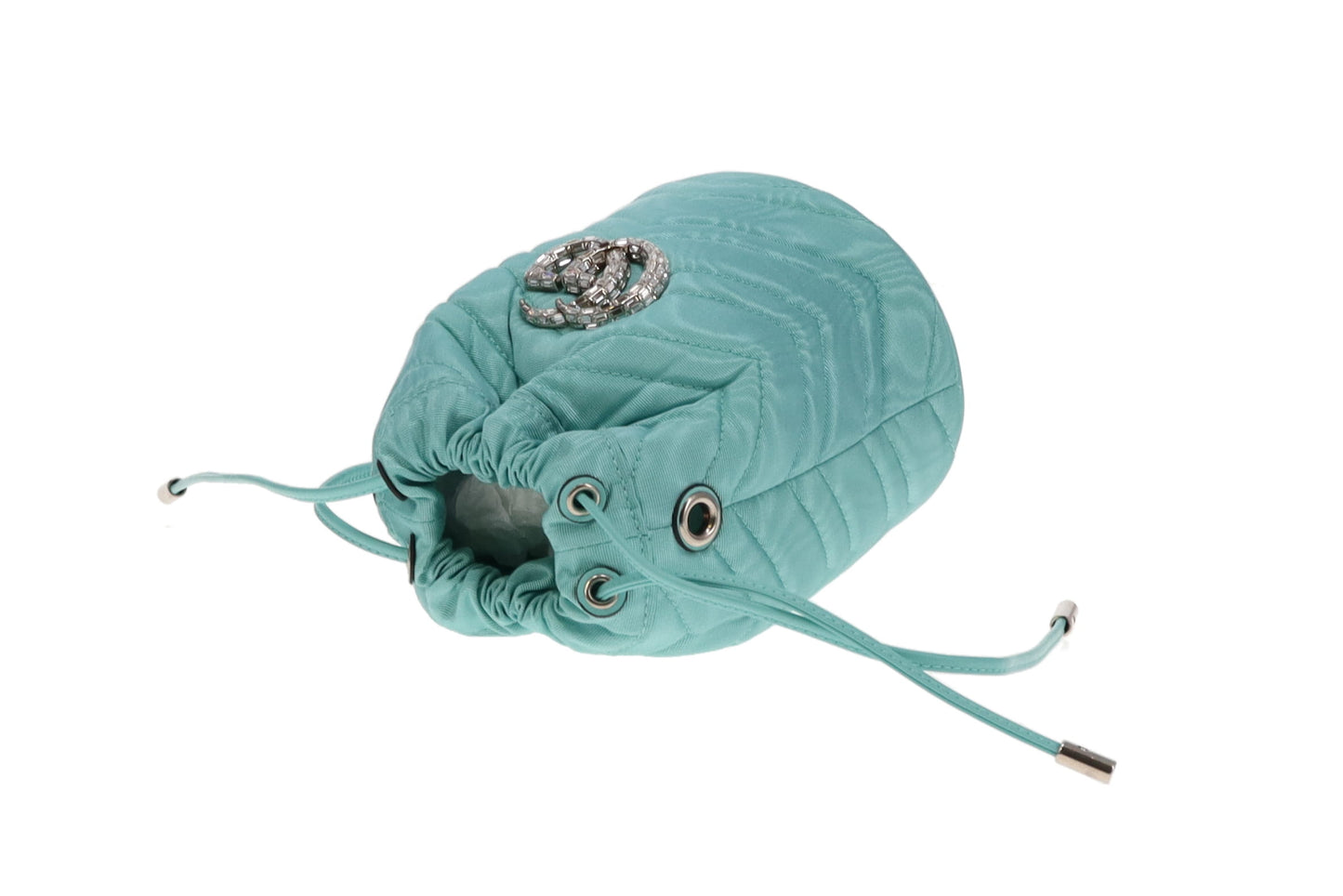 Gucci Tiffany Blue Moire Fabric and Crystal GG Marmont Bucket Bag